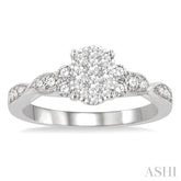 1/2 Ctw Oval Shape Center Criss-Cross Carved Shank Lovebright Round Cut Diamond Engagement Ring in 14K White Gold